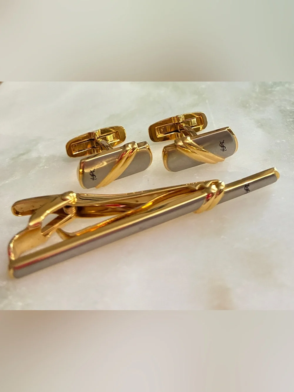 YSL Vintage Cuff Links & Tie Clip Set